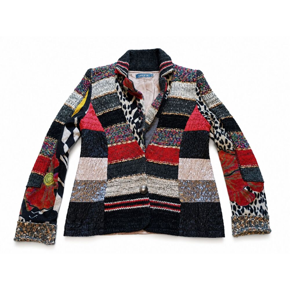 Lulu H Women’s Medium Patchwork Knit Jacket Cardigan Black Red Snap Front